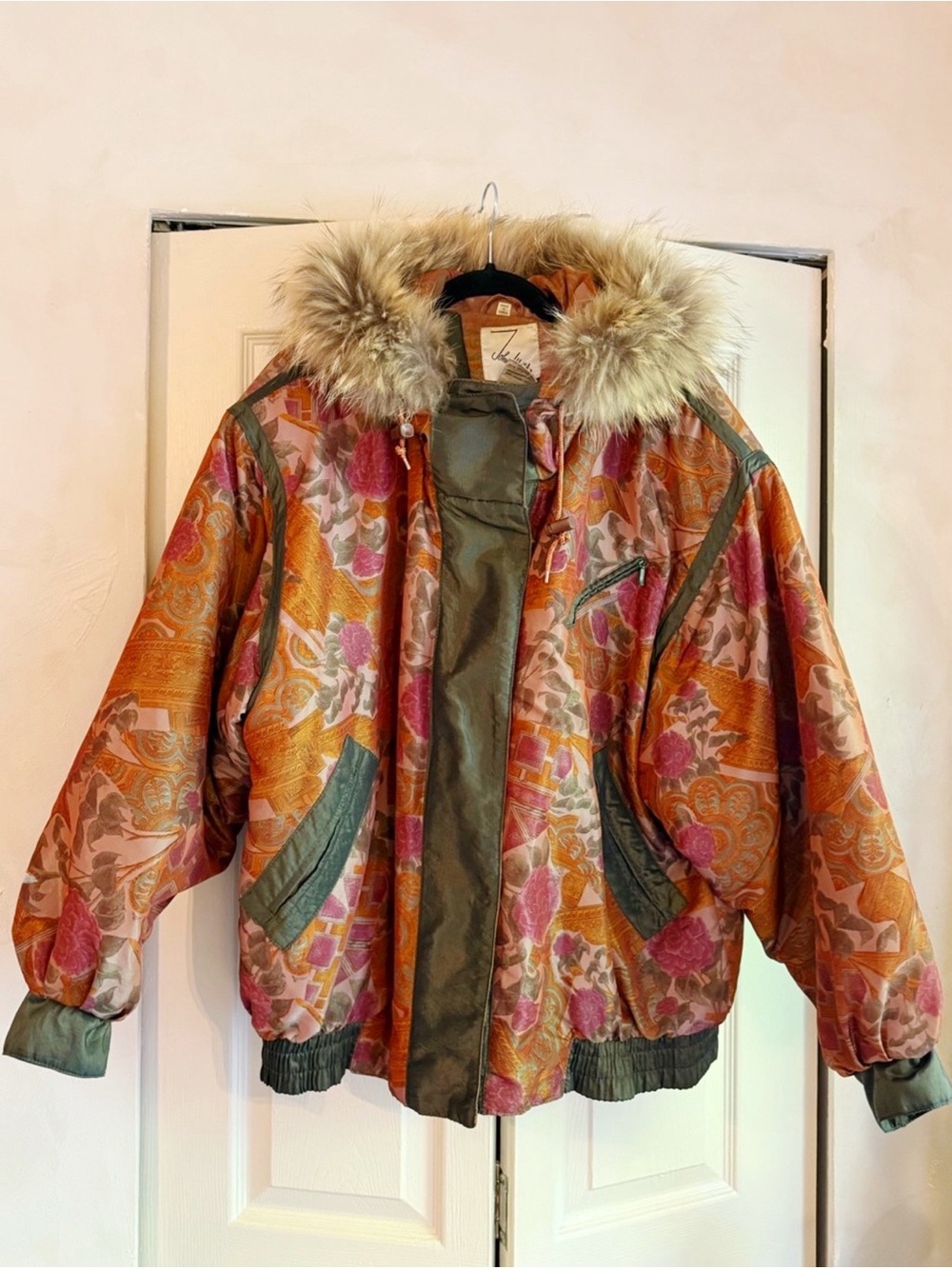 Vintage John Weitz Floral Bomber Jacket Real Fur Hood Paisley